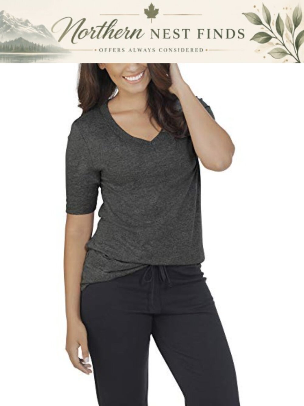 Womens Essentials All Day Elbow Length V-Neck T-Shirt Relaxed Fit Soft Tri-Blend
